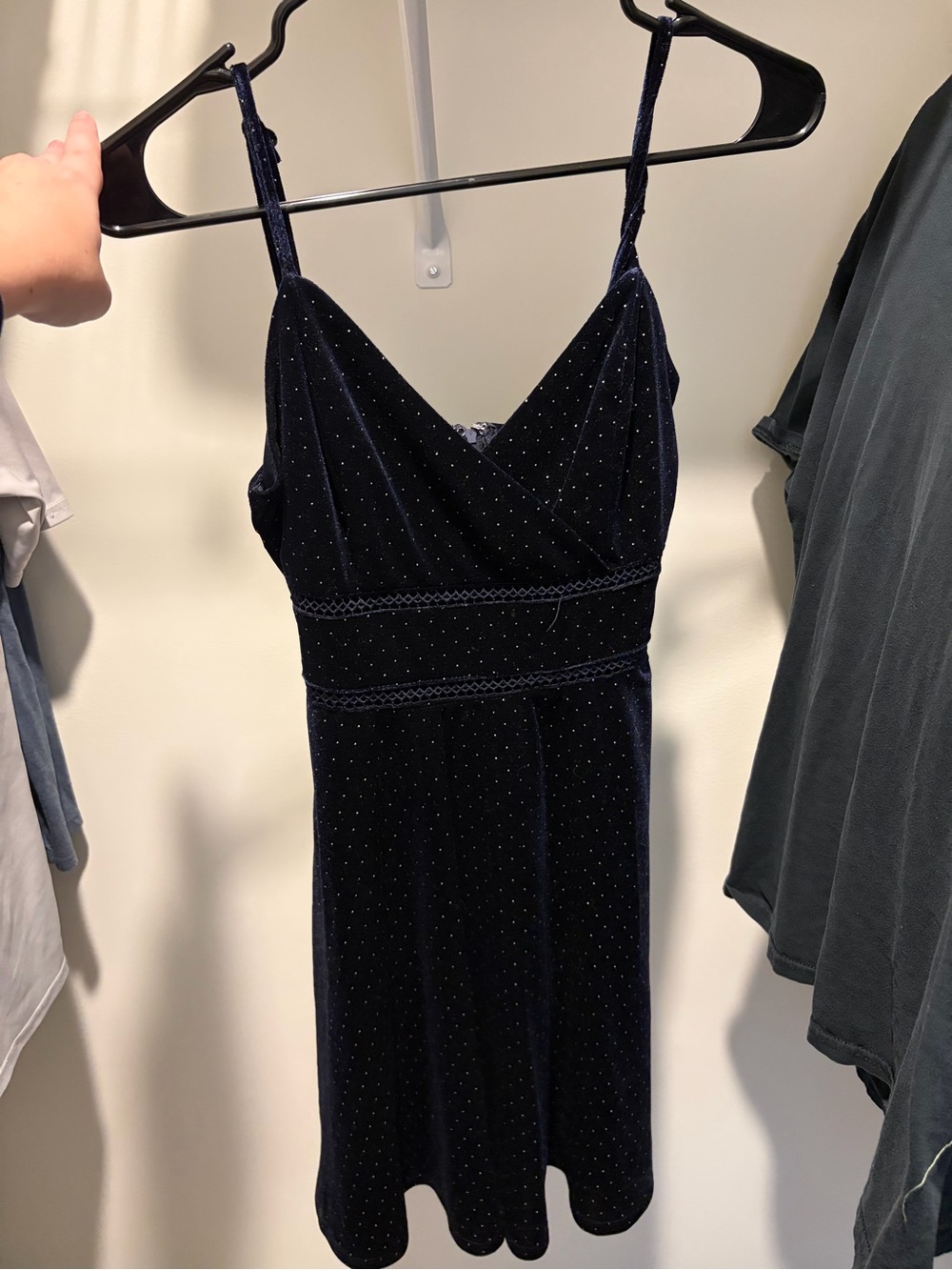 Navy Velvet Spaghetti Strap Dress with Subtle Sparkle